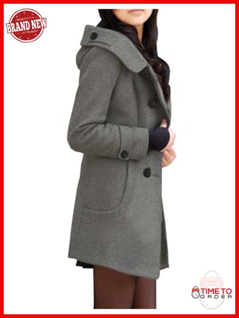 Warm Double Breasted Wool Pea Coat Trench with Hood - Picture 3 of 6